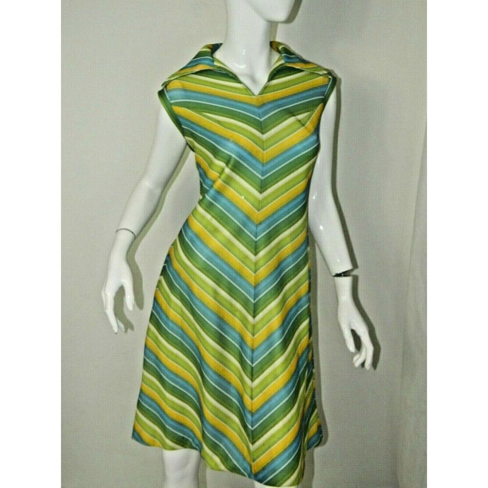 Vintage Cora’s Closet Dress Yellow Blue Green Striped‎ 60's Dress Size Small